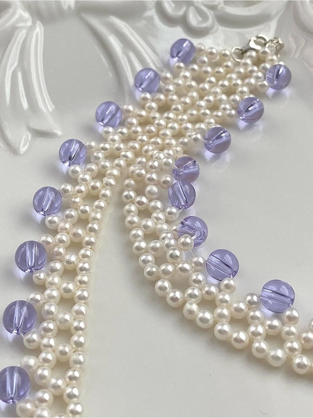 GP88-Handmade Braided High Quality Round Baby Pearl And Amethyst Bow Necklace